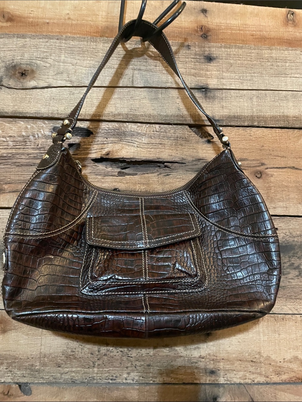 Liz Claiborne Dark Brown Croc-Embossed Shoulder Bag